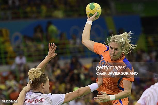 Netherlands' left back Estavana Polman jumps to shoot during the women's Bronze Medal handball match Netherlands vs Norway for the Rio 2016 Olympics...
