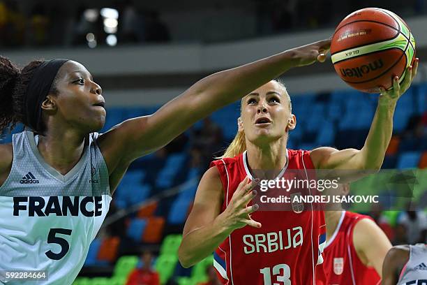 France's power forward Endy Miyem tries to block Serbia's point guard Milica Dabovic during a Women's Bronze medal basketball match between France...