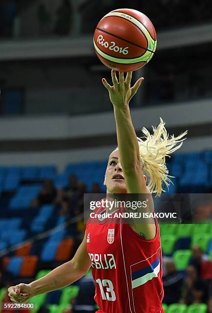 Serbia's point guard Milica Dabovic controls the ball during a Women's Bronze medal basketball match between France and Serbia at the Carioca Arena 1...