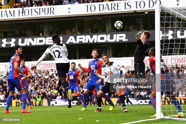 Victor Wanyama of Tottenham Hotspur scores his sides first goal past Wayne Hennessey of Crystal Palace during the Premier League match between...