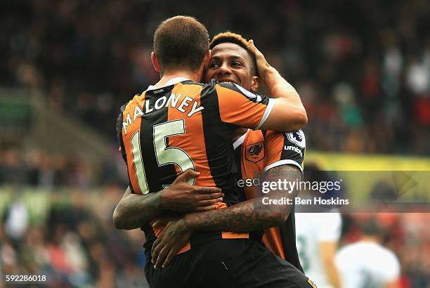 Shaun Maloney of Hull City and Abel Hernandez of Hull City celebrates scoring his sides second goal during the Premier League match between Swansea...