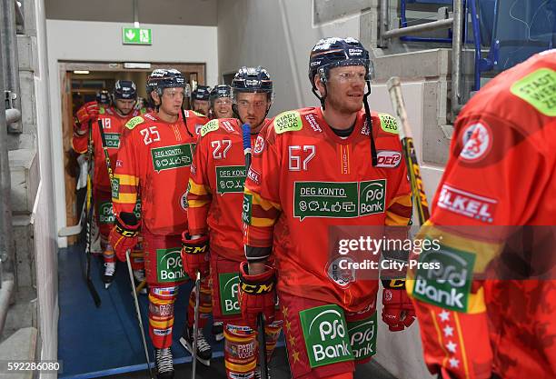 Drayson Bowman, Tim Schuele and Bernhard Ebner of Duesseldorfer EG during the game between Herning Blue Fox and the Duesseldorfer EG on August 20,...