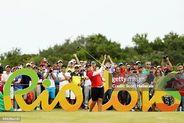 Inbee Park of Korea plays her shot from the 16th tee during the Women's Golf Final on Day 15 of the Rio 2016 Olympic Games at the Olympic Golf Course...