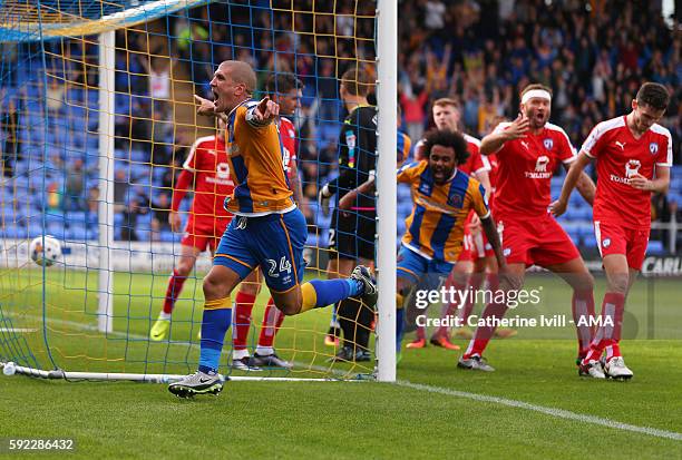 Adam El-Abd of Shrewsbury Town celebrates after he scores a goal to make it 2-1 during the Sky Bet League One match between Shrewsbury Town and...