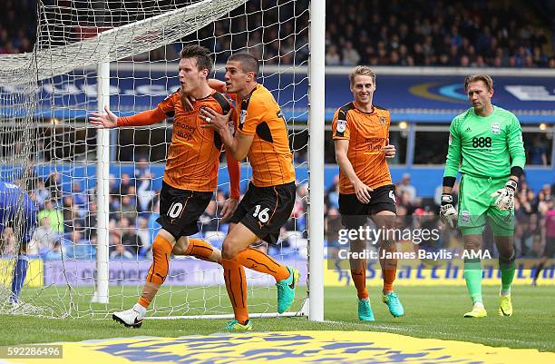 Joe Mason of Wolverhampton Wanderers celebrates after scoring a goal to make it 1-1 during the Sky Bet Championship fixture between Birmingham City...