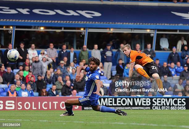 Jon Dadi Bodvarsson of Wolverhampton Wanderers scores a goal to make it 1-3 during the Sky Bet Championship match between Birmingham City and...