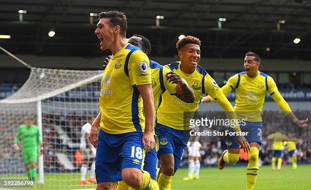 Everton goalscorer Gareth Barry celebrates the winning Everton goal during the Premier League match between West Bromwich Albion and Everton at The...