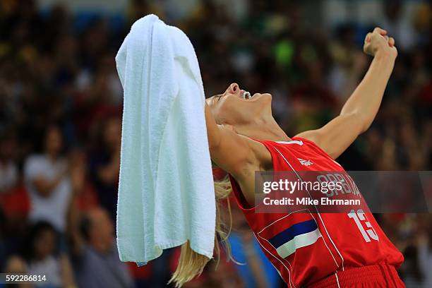 Milica Dabovic of Serbia reacts during the Women's Bronze Medal basketball game between France and Serbia on Day 15 of the Rio 2016 Olympic Games at...