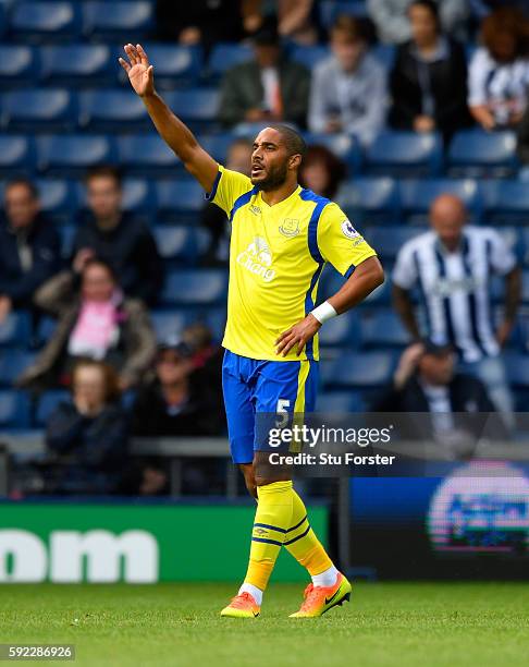 Everton player Ashley Williams reacts during the Premier League match between West Bromwich Albion and Everton at The Hawthorns on August 20, 2016 in...