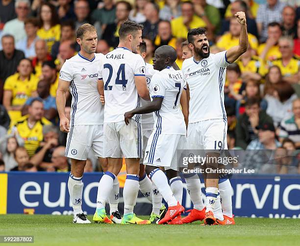 Diego Costa of Chelsea celebrates scoring their winning goal during the Premier League match between Watford and Chelsea at Vicarage Road on August...