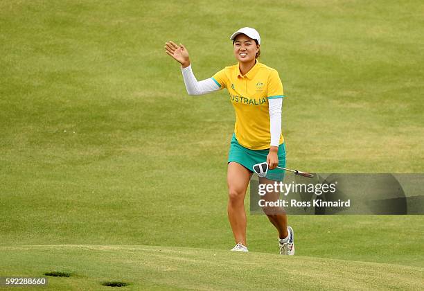 Minjee Lee of Australia reacts on the 18th green during the Women's Golf Final on Day 15 of the Rio 2016 Olympic Games at the Olympic Golf Course on...