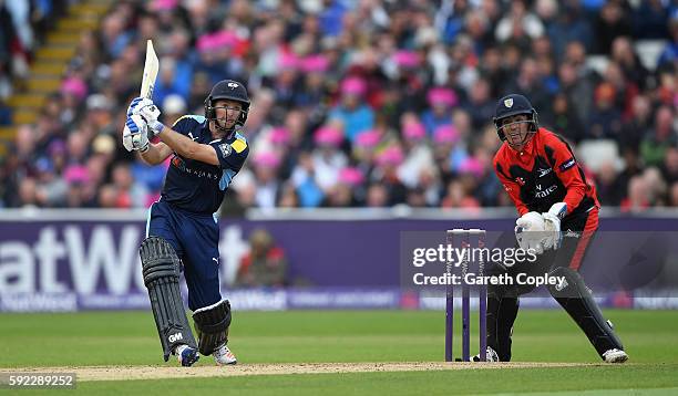 Adam Lyth of Yorkshire hots out for six runs during the NatWest t20 Blast Semi Final between Yorkshire and Durham at Edgbaston on August 20, 2016 in...