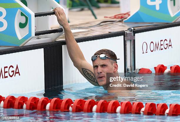 Nathan Schrimsher of USA during the Men's Swimming Modern Pentathlon on Day 15 of the Rio 2016 Olympic Games at the Deodoro Aquatics Centre on August...