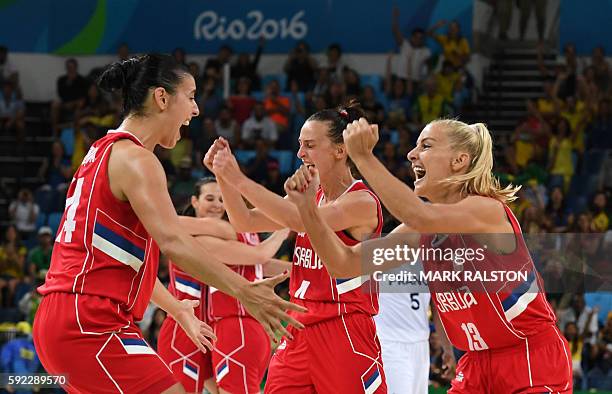 Serbia's shooting guard Ana Dabovic celebrates with Serbia's point guard Milica Dabovic after winning a Women's Bronze medal basketball match between...