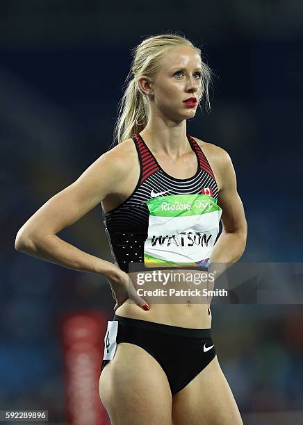 Sage Watson of Canada looks on during the Women's 400m Hurdles semifinal on Day 11 of the Rio 2016 Olympic Games at the Olympic Stadium on August 16,...