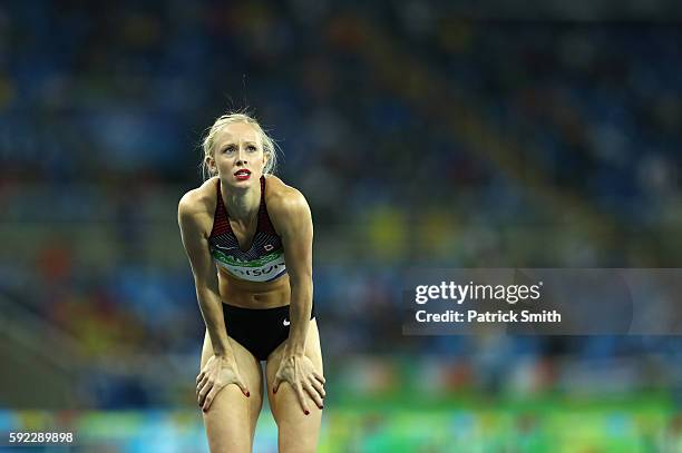 Sage Watson of Canada looks on during the Women's 400m Hurdles semifinal on Day 11 of the Rio 2016 Olympic Games at the Olympic Stadium on August 16,...