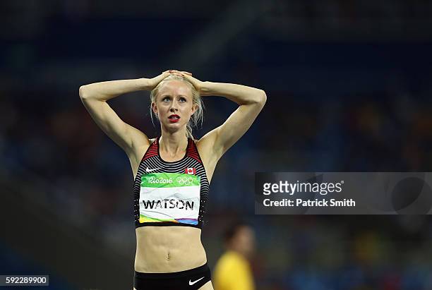 Sage Watson of Canada looks on during the Women's 400m Hurdles semifinal on Day 11 of the Rio 2016 Olympic Games at the Olympic Stadium on August 16,...