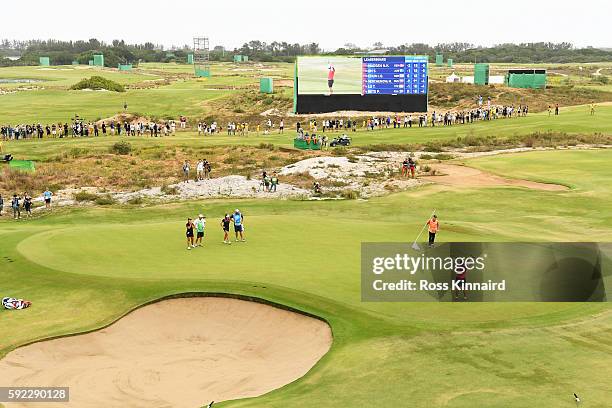 Inbee Park of Korea reacts on the 18th green after winning gold during the Women's Golf Final on Day 15 of the Rio 2016 Olympic Games at the Olympic...