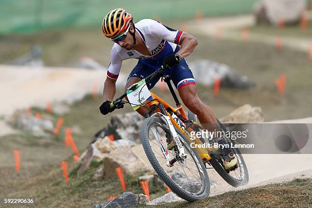 Peter Sagan of Slovakia practices on the Mountain Bike course on Day 15 of the Rio 2016 Olympic Games at the Mountain Bike Centre on August 20, 2016...