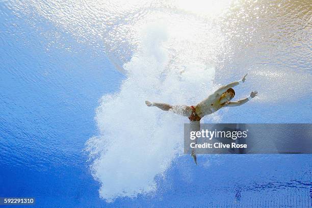 Bo Qiu of China competes in the Men's 10m Platform Semifinal on Day 15 of the Rio 2016 Olympic Games at the Maria Lenk Aquatics Centre on August 20,...