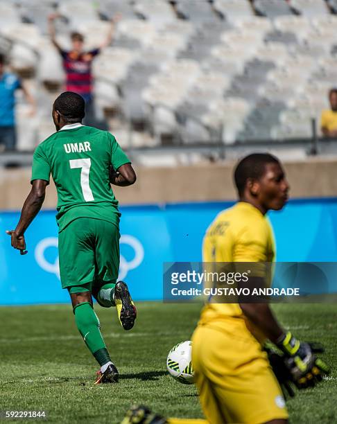 Nigeria's Umar Aminu celebrates after scoring against Honduras during the Rio 2016 Olympic Games men's bronze medal football match at the Mineirao...