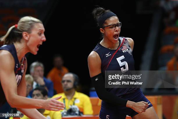 Rachael Adams and Jordan Larson-Burbach of United States celebrate a point during the Women's Bronze Medal Match between Netherlands and the United...