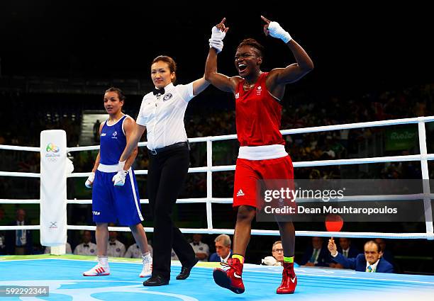 Nicola Adams of Great Britain celebrates winning the gold during the Women's Fly Final Bout against Sarah Ourahmoune of France on Day 15 of the Rio...