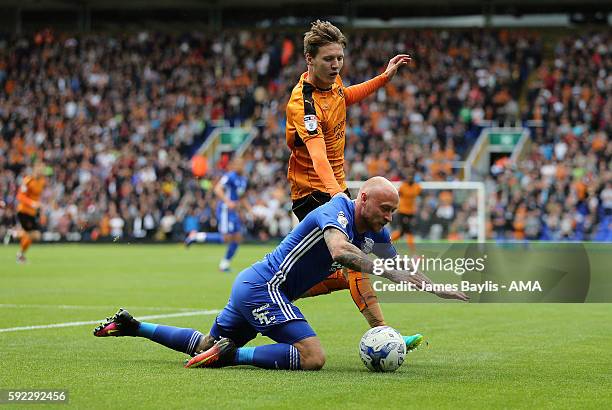 David Cotterill of Birmingham City and Joe Mason of Wolverhampton Wanderers during the Sky Bet Championship match between Birmingham City and...