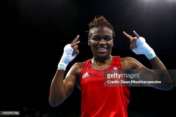 Nicola Adams of Great Britain celebrates winning the gold during the Women's Fly Final Bout against Sarah Ourahmoune of France on Day 15 of the Rio...