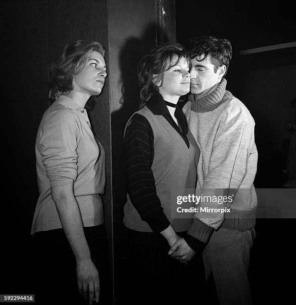 Joanna Dunham, Sheila Allen and Alan Bates in Cafe de Artistes in Chelsea getting the feel of a Beatnik's lifestyle for the ABC play, 'Three on a gas...