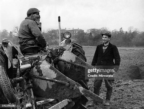 Ploughing Mr. Giles Tedstone - on tractor-manager of Doddington Park Farm, Nantwich, Cheshires, attempts to have a conversation with farm hand...