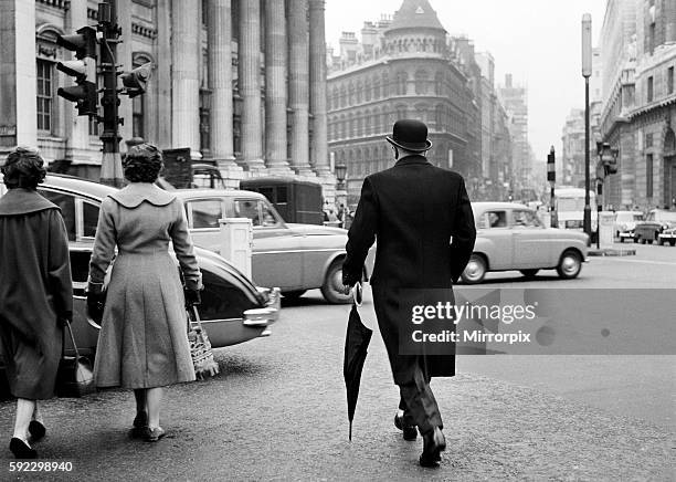 City banker seen here making his way to the offices of the Bank of New South Wales in the City of London. Circa 1963