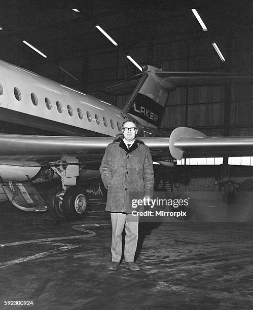 British airline entrepreneur Freddie Laker pictured beside one of his planes. 22nd February 1969.