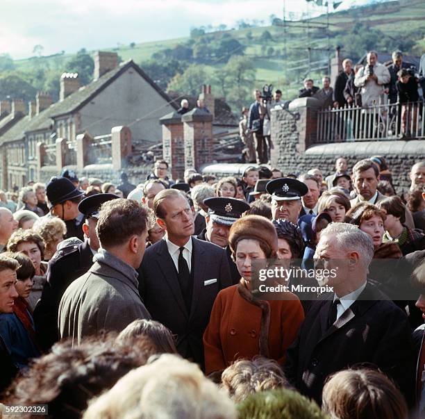 The Queen and Prince Philip visiting Aberfan. 29th October 1966.