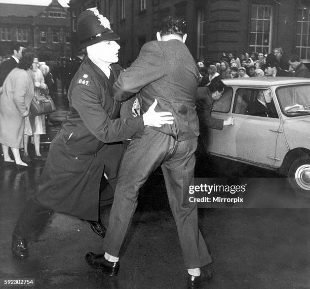 Angry crowd scenes greet accused outside Hyde Court, Manchester, 28th October 1965. The Moors murders were carried out by Ian Brady and Myra Hindley...