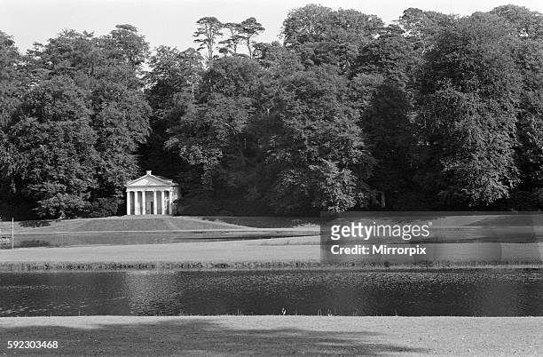 Temple of Piety and water gardens at Studley Royal Park, Ripon, North Yorkshire. September 1971.