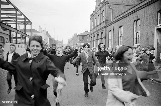 Fan hysteria outside ABC TV Studios, Aston Road, Birmingham, where The Beatles were recording a performance for next saturday's 'Thank Your Lucky...