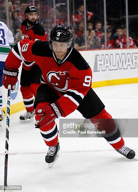 Jiri Tlusty of the New Jersey Devils plays in the game against the Vancouver Canucks at the Prudential Center on November 8, 2015 in Newark, New...
