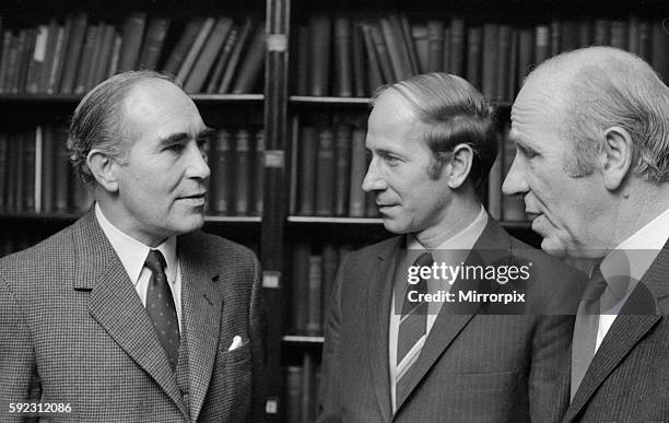 England manager Sir Alf Ramsey Manchester United and England footballer Bobby Charlton and Manchester United manager Sir Matt Busby at a press...