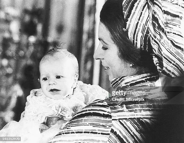 Princess Anne with her son Peter Phillips at his baptism at Buckingham Palace December 1977