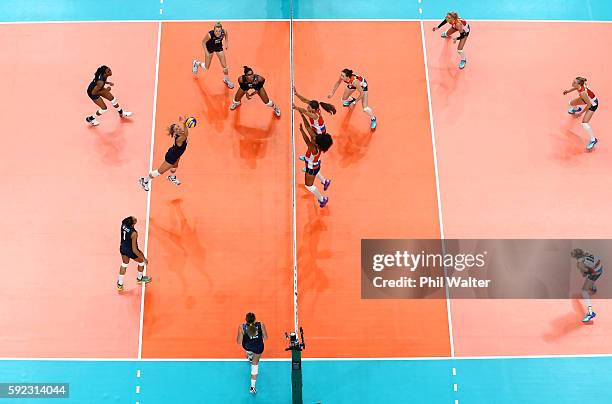 Jordan Larson-Burbach of United States spikes the ball during the Women's Bronze Medal Match between Netherlands and the United States on Day 15 of...