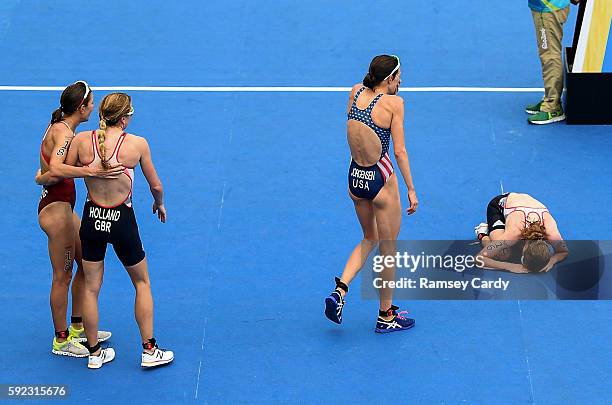 Rio , Brazil - 20 August 2016; Medal winners from left, second placed Nicola Spirig of Switzerland, third placed Vicky Holland of Great Britain and...