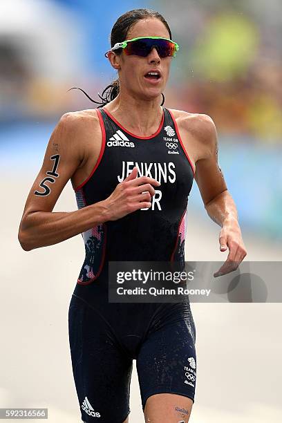 Helen Jenkins of Great Britain runs during the Women's Triathlon on Day 15 of the Rio 2016 Olympic Games at Fort Copacabana on August 20, 2016 in Rio...