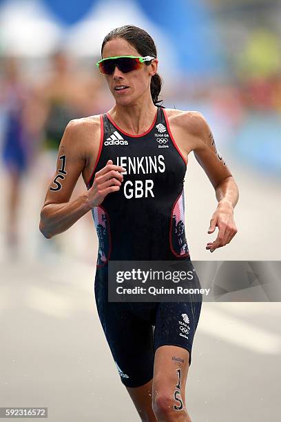 Helen Jenkins of Great Britain runs during the Women's Triathlon on Day 15 of the Rio 2016 Olympic Games at Fort Copacabana on August 20, 2016 in Rio...