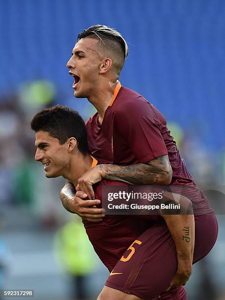 Diego Perotti of AS Roma celebrates after scoring the opening goal with Leandro Paredes during the Serie A match between AS Roma and Udinese Calcio...