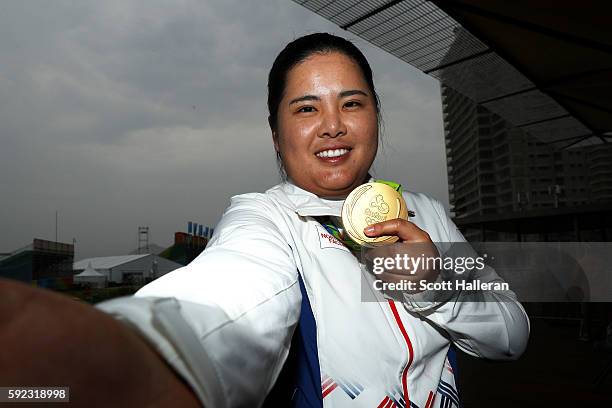 Gold medalist, Inbee Park of Korea poses after Women's Golf on Day 15 of the Rio 2016 Olympic Games at the Olympic Golf Course on August 20, 2016 in...