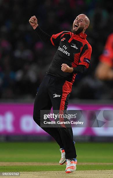 Chris Rushworth of Durham celebrates dismissing Ben Duckett of Northamptonshire during the NatWest t20 Blast Final between Northamptonshire and...