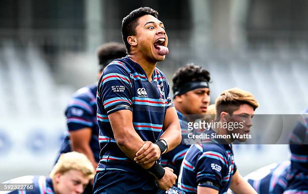 Sacred Heart perform their haka before the Auckland Secondary Schools Final match between Mount Albert Grammar and Sacred Heart at Eden Park on...