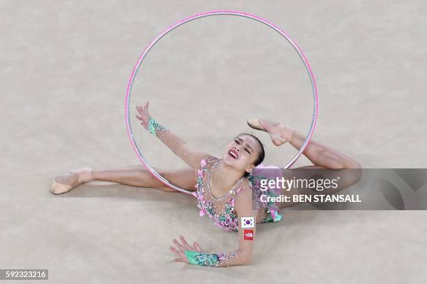 South Korea's Son Yeon Jae compete in the group all-around final event of the Rhythmic Gymnastics at the Olympic Arena during the Rio 2016 Olympic...