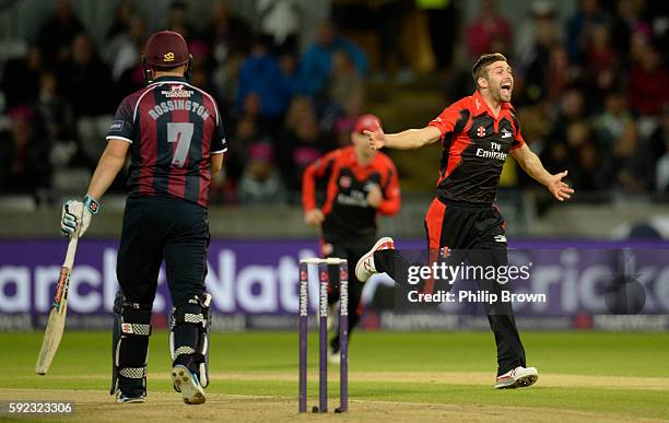 Mark Wood of Durham celebrates after dismissing Adam Rossington during the Natwest T20 Blast match between Northamptonshire and Durham at Edgbaston...